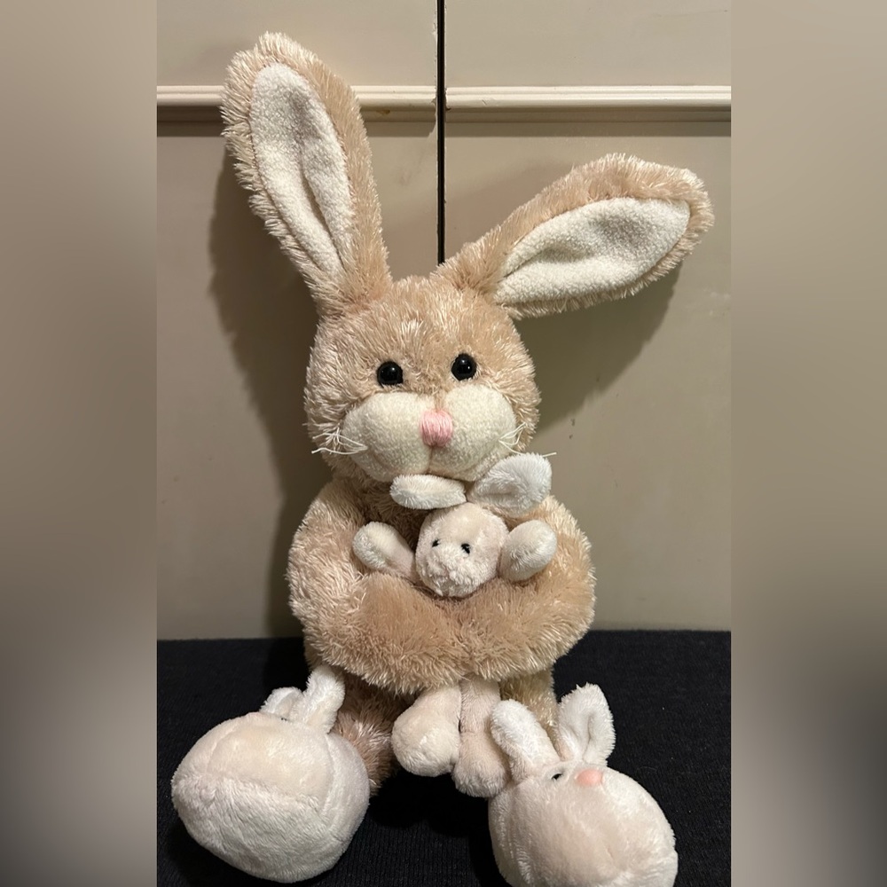 Animal Adventure Tan Mom And Baby Easter Bunny Rabbit 12" Plush Slippers 2009